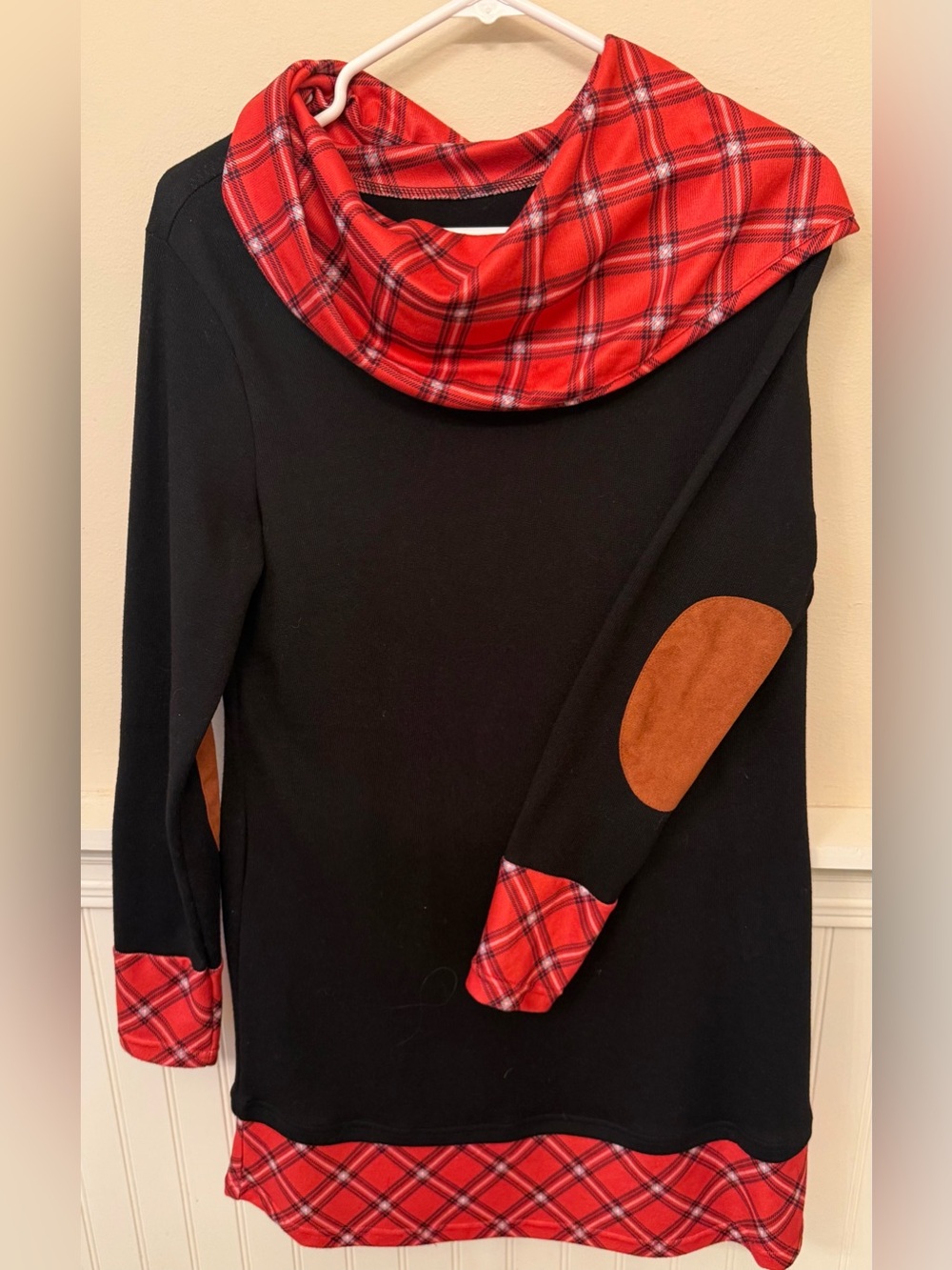 Women’s Black Sweater Dress with Red Plaid Accents